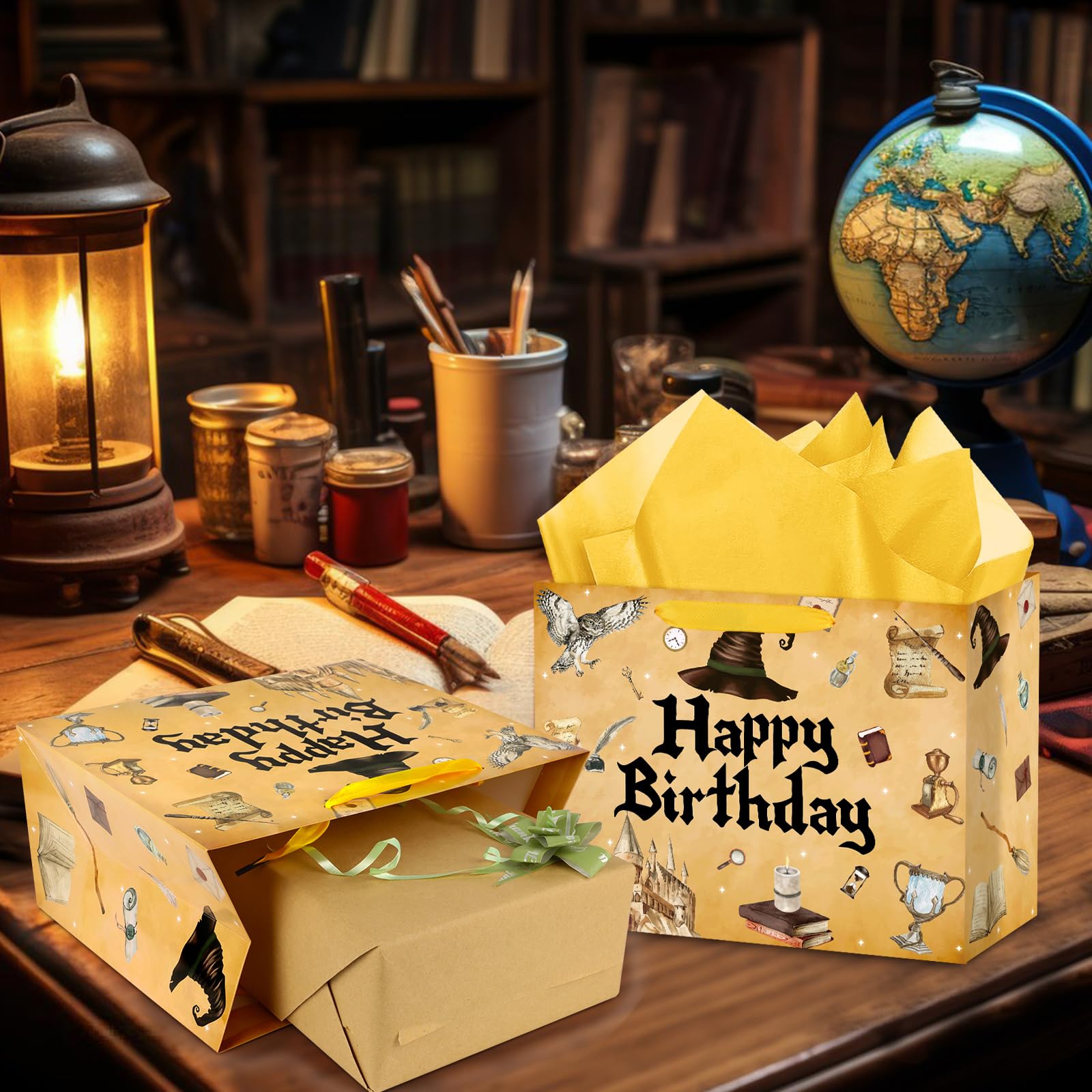 Hooqict Magical Wizard Gift Bag Happy Birthday Gift Wrapping Bag with Handles, Tissue Paper and Greeting Cards for Kids Girls Boys Wizard Birthday Party Supplies Halloween Party Favors