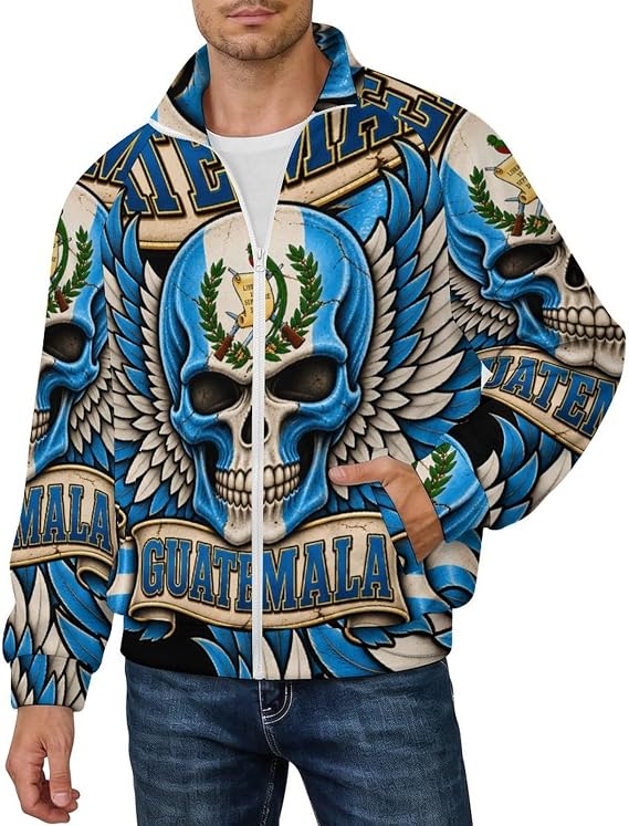 Cilbu Flag Of Guatemala Skull Full Zip Fleece Jacket Stand Collar Coat