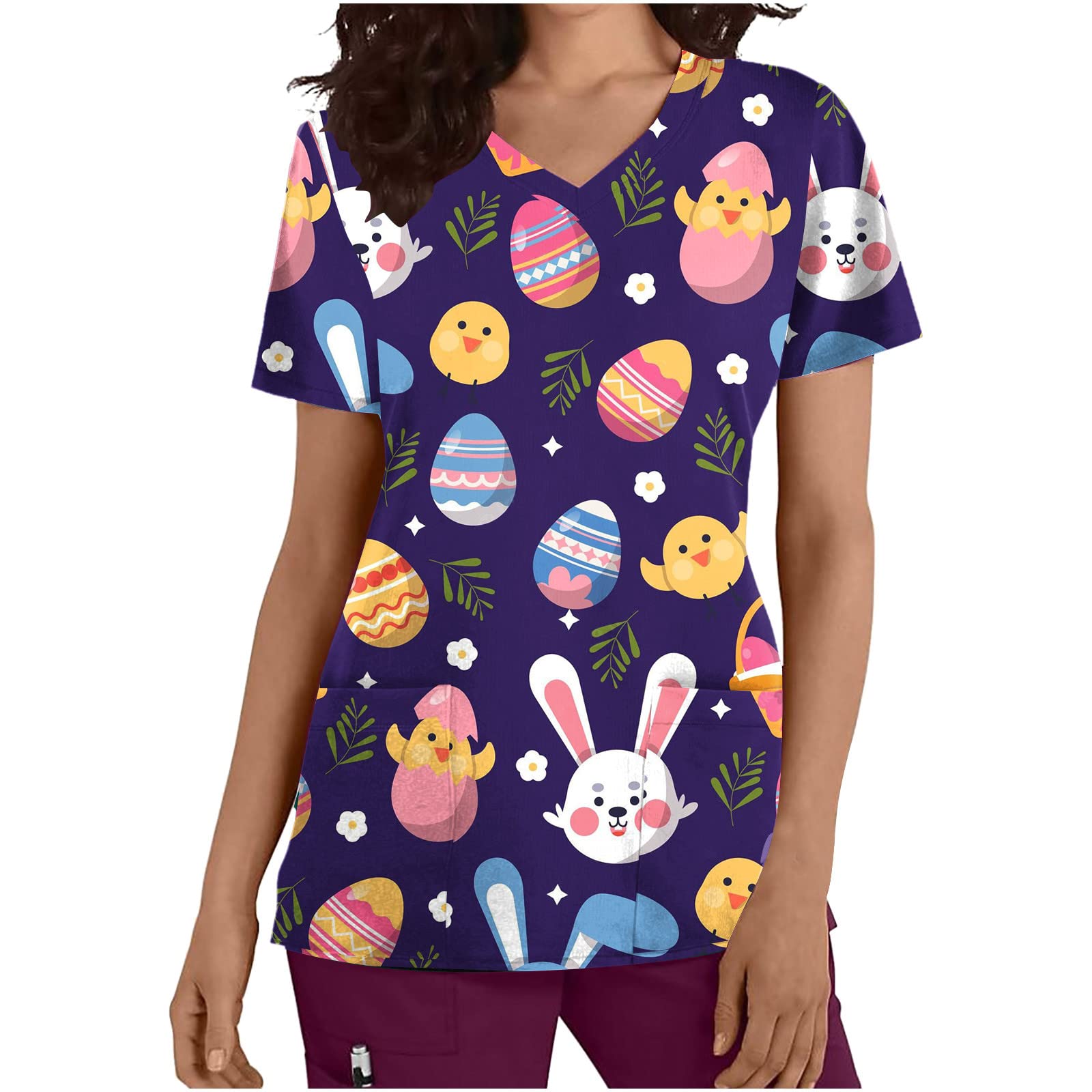 Womens Funny Bunny Print Scrub Tops Happy Easter Day Short Sleeve Tee Shirts Cute Hunt Eggs Graphic Nursing Uniform