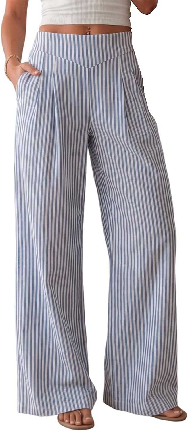 AKEWEI Women's Wide Leg Linen Pants Summer Casual Elastic Waist Long Lounge Travel Pants