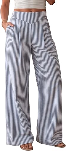 AKEWEI Women's Wide Leg Linen Pants Summer Casual Elastic Waist Long Lounge Travel Pants