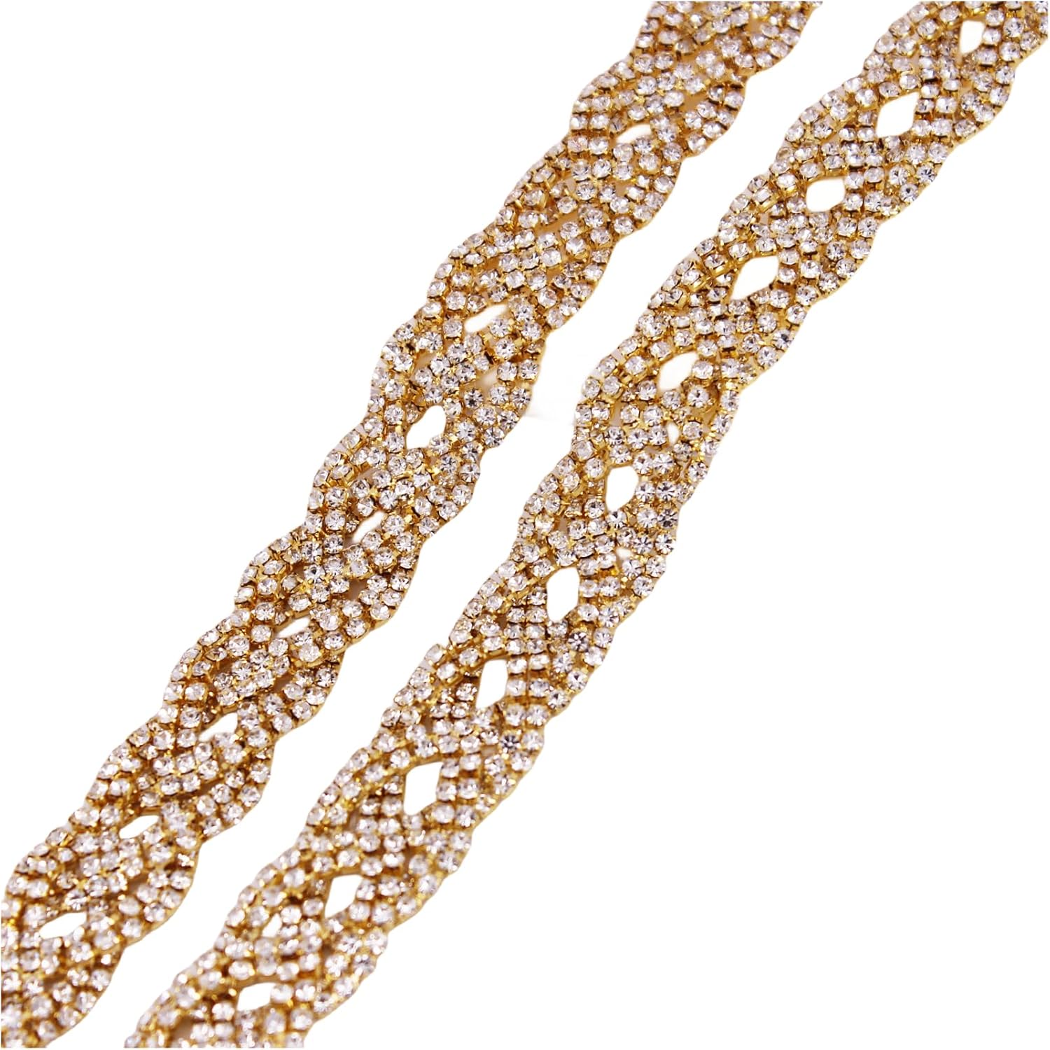 1 Yard Cross-Shape AB Color Symphony Crystal Rhinestones Trim Metal Chain Ribbon for Dress, Bag, Shoes Accessories (Gold-1)