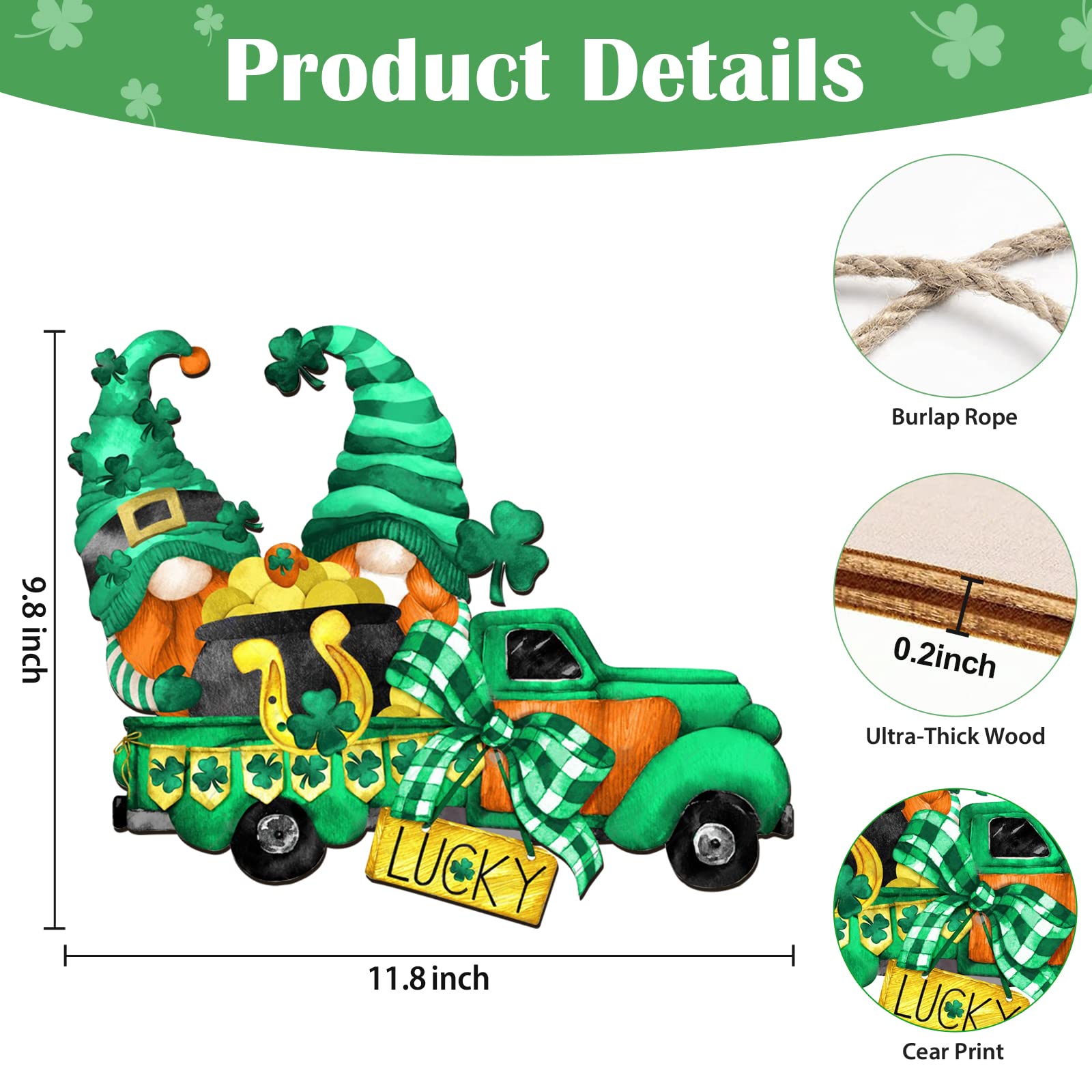 St Patrick's Day Front Door Sign Shamrocks Truck Wooden Sign Welcome Board Spring Home Wall Gnome Green Lucky Shamrock Truck Decoration,12 x 9.8 Inch (St Patrick's)