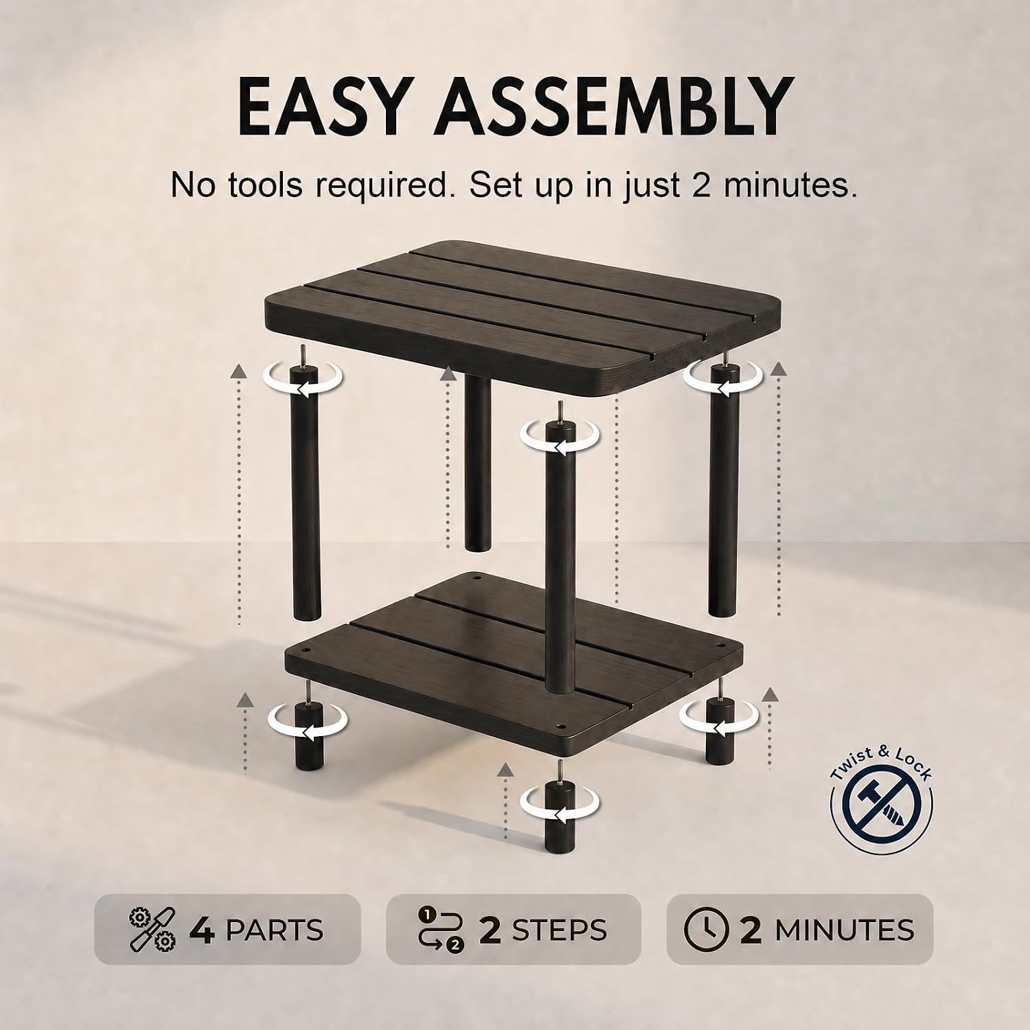 PASAMIC Outdoor Side Table, 2-Tier Square Patio Table for Indoor or Outside, Bamboo Outdoor Tables for Porch, Patio, Balcony, Backyard, Weather Resistant Adirondack End Tables, Low-Maintenance, Black