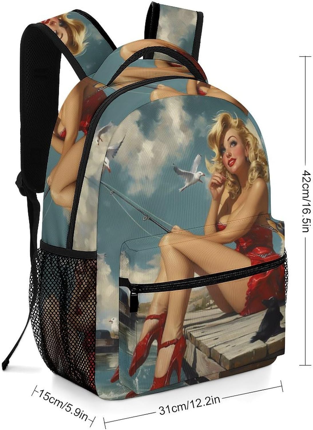 Pinup Girl with Fishing Pole Laptop Backpack Lightweight Travel Daypack Shoulder Bag for Men Women