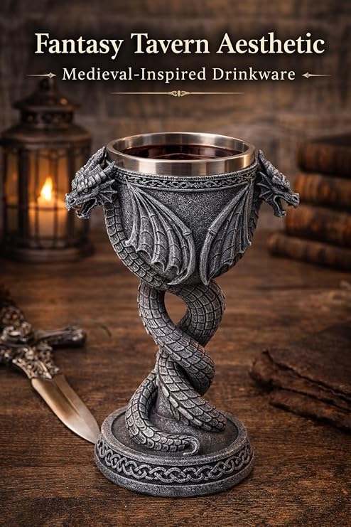 JRose Collections Gothic Dragon Goblet Chalice with Twin Dragon Design – Medieval Stone Effect Resin with Stainless Steel Inner Cup – Fantasy Home Bar Décor, Collectible Ornament, Drinking Cup