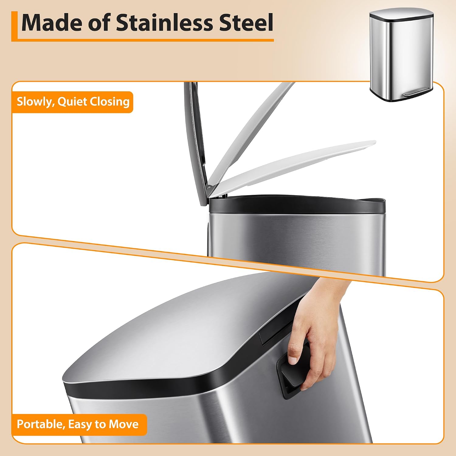 13 Gallon/50L Stainless Steel Trash Can, Step Trash Can with Soft Close Lid & Inner Bucket, Fingerprint & Smudge Proof, Hands Free Pedal Kitchen Garbage Bin, Rectangular Waste Bin for Bathroom, Office