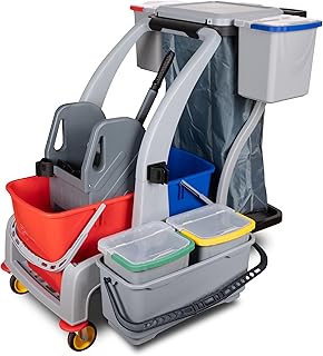 G.I.V. Multifunktions Reinigungswagen - Putzwagen mit Vertikalpresse, 2x18L Eimer, 4-Farbsystem Eimer + Deckel je 6L, zusätzlicher Putzeimer, Dauerabfallsack, leise Räder, Halterungen für Stiel + Mopp