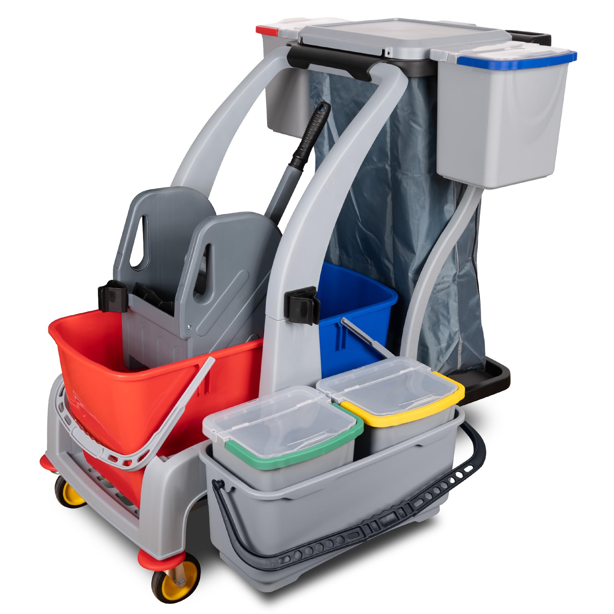 G.I.V. Multifunktions Reinigungswagen - Putzwagen mit Vertikalpresse, 2x18L Eimer, 4-Farbsystem Eimer + Deckel je 6L, zusätzlicher Putzeimer, Dauerabfallsack, leise Räder, Halterungen für Stiel + Mopp