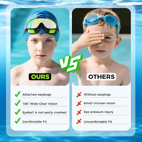 3 Pack Swimming Goggles, Kid Goggles with Earplugs Large Frame Anti-Fog/UV Wide View Swim Goggles Boys Girls 4-12 - 4