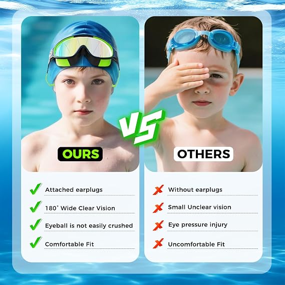 3 Pack Swimming Goggles, Kid Goggles with Earplugs Large Frame Anti-Fog/UV Wide View Swim Goggles Boys Girls 4-12