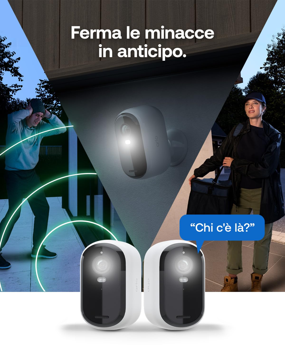 Arlo Essential - Telecamera di sorveglianza a batteria HD, per esterni, Wi-Fi, senza fili, video 1080p, visione notturna a colori, luce, rilevatore di movimento, sirena, audio a 2 vie, con periodo di