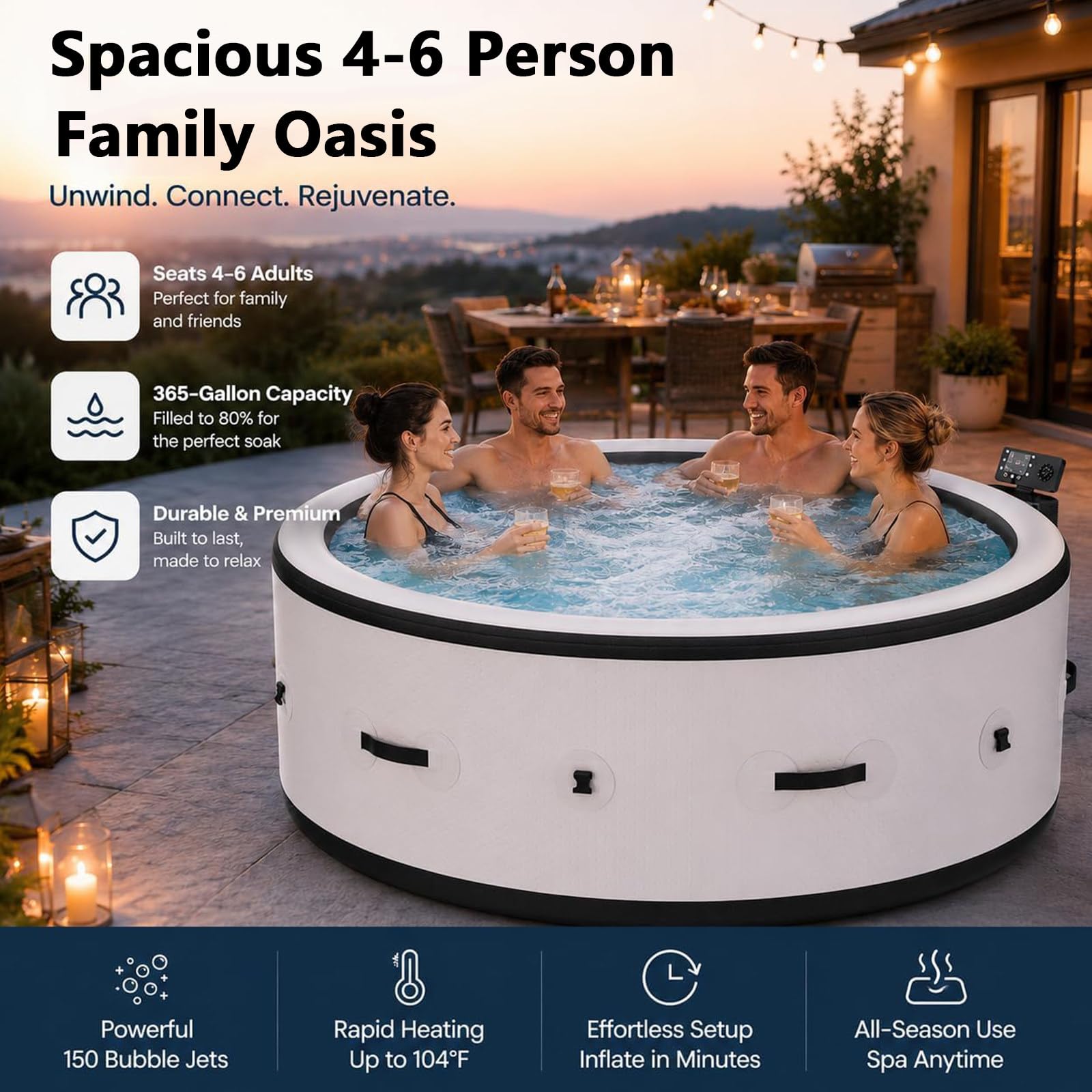 Vasca Idromassaggio Gonfiabile per 2-6 Persone con 180 Getti Bolle,Set per Spa Portatile da Esterno con Riscaldatore,Pompa,Filtro E Copertura Isolata,per Patio,Giardino,Esterno 81x28in