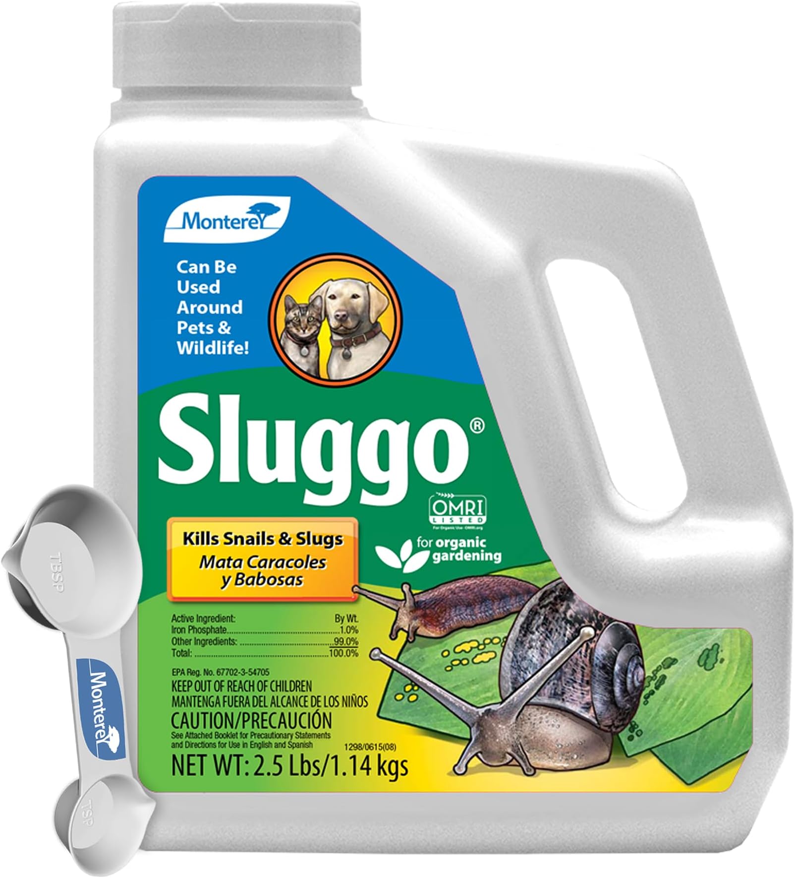 Sluggo Snail & Slug Killer Bundled with Measuring Spoon - OMRI Listed for Organic Gardening - Wildlife and Pet Friendly - 2.5 lb jug