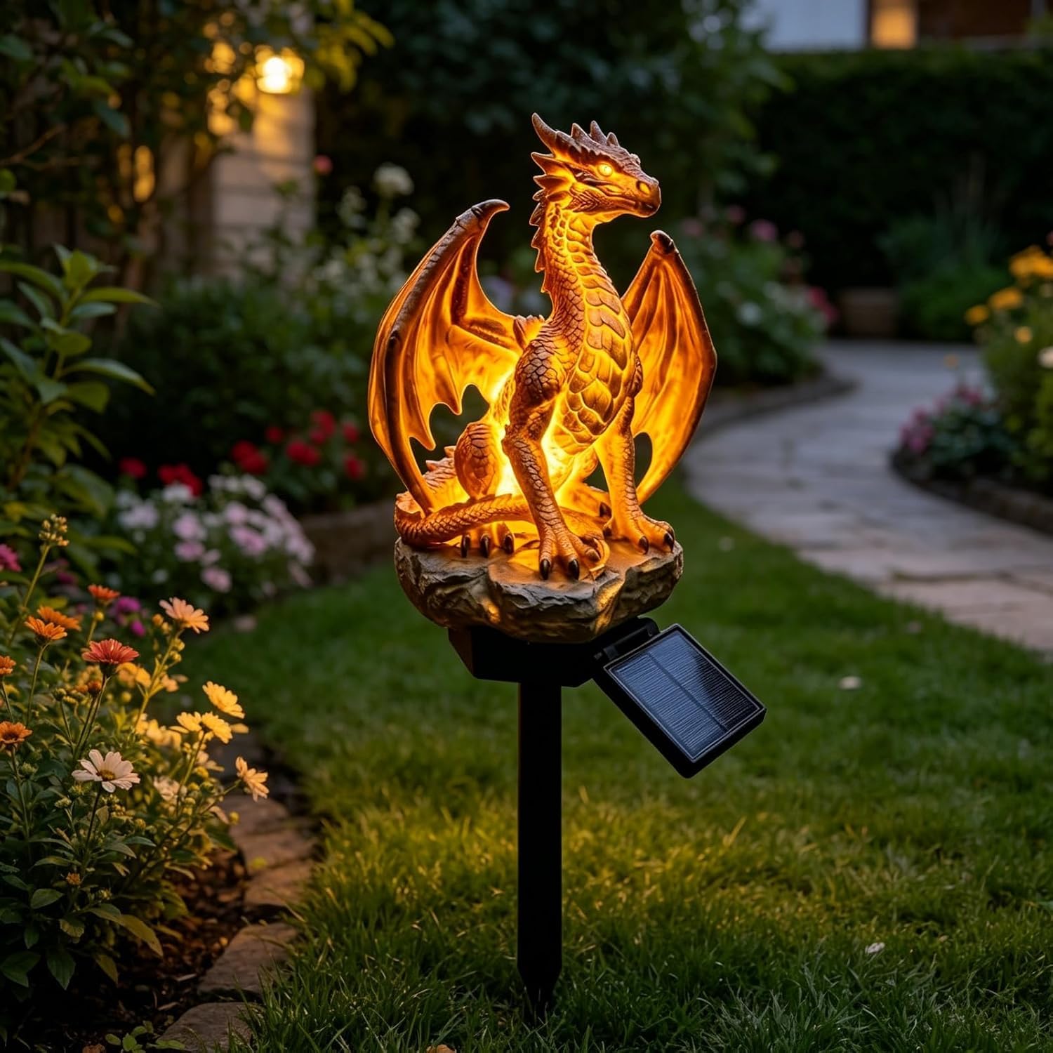 Solarna lampa ogrodowa z ciepłą świecącą figurką smoka, dekoracja ścieżki trawnika, zasilana energią słoneczną, ozdoba podwórka, dla miłośników ogrodu