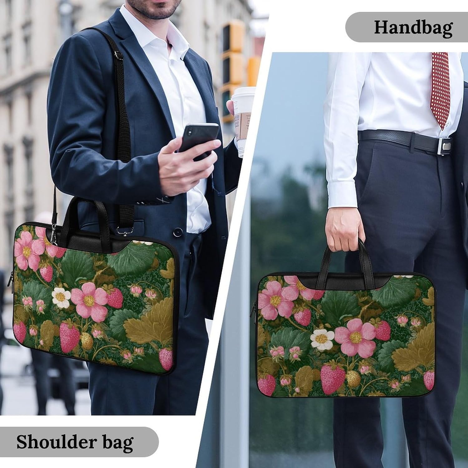 Vintage Strawberry Florals 70s Leather Laptop Bag Handheld Slim Computer Bags Business Briefcase