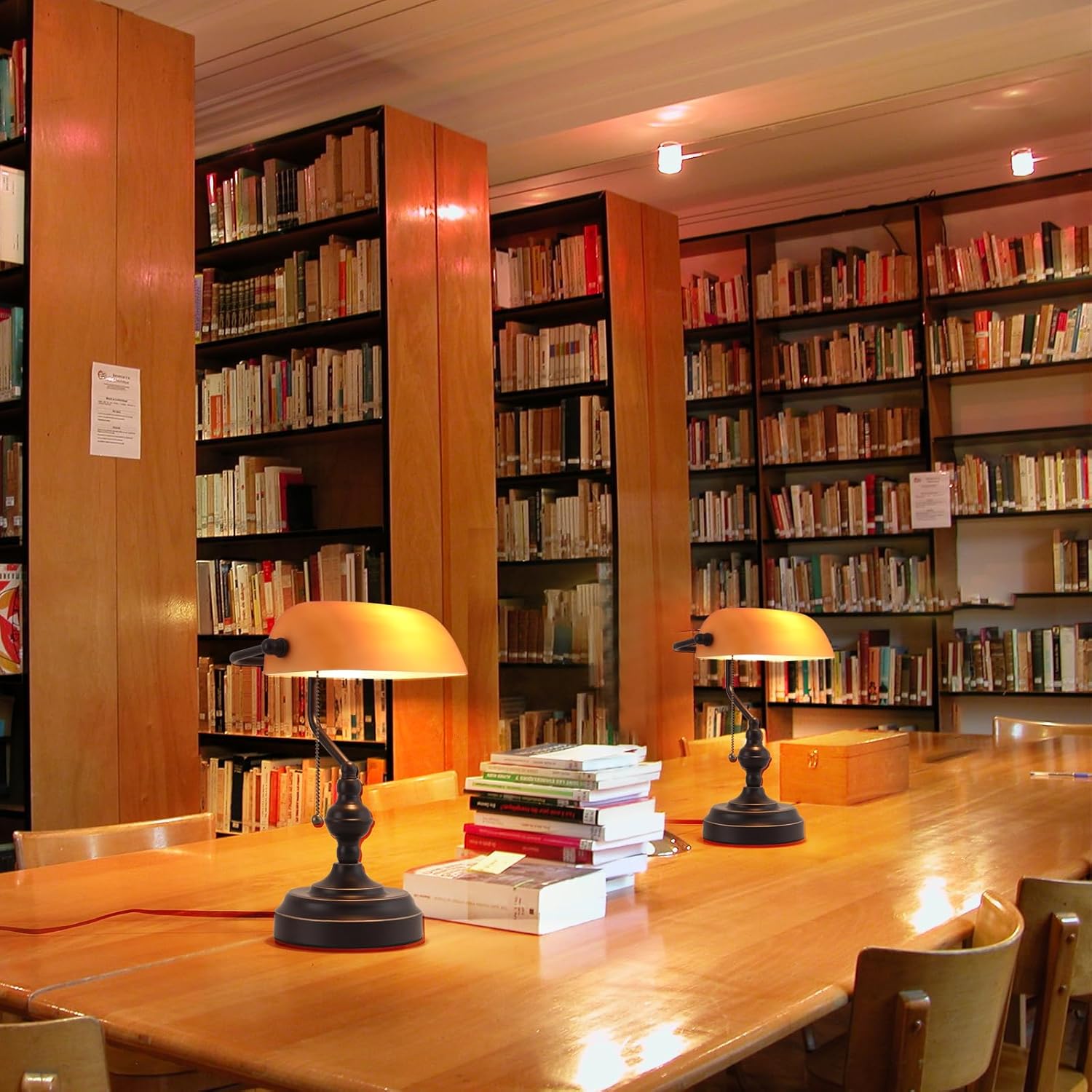 Bankers Desk Lamp with Pull Chain Switch, Vintage Banker's Desk Lamp with USB A and Type C Charging Port, Library Lamp for Office Study Room, Amber Glass Bronze Desk Lamps