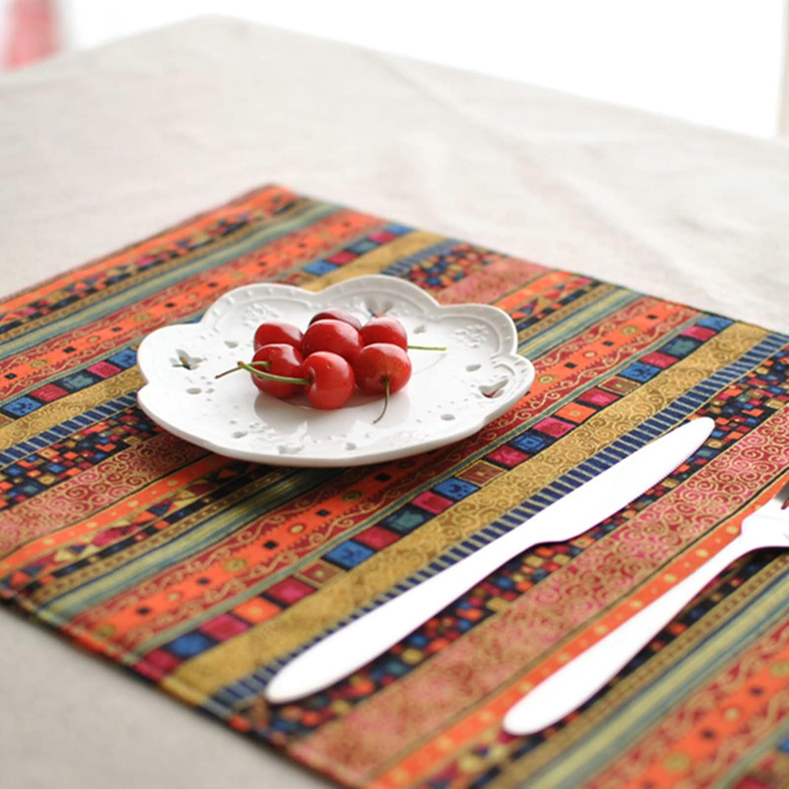8Pièces Napperon Table Salle a Manger, 30 x 40 CM Tapis de Table Antidérapant Salon Orange, Style Ethnique avec Motif Rayures