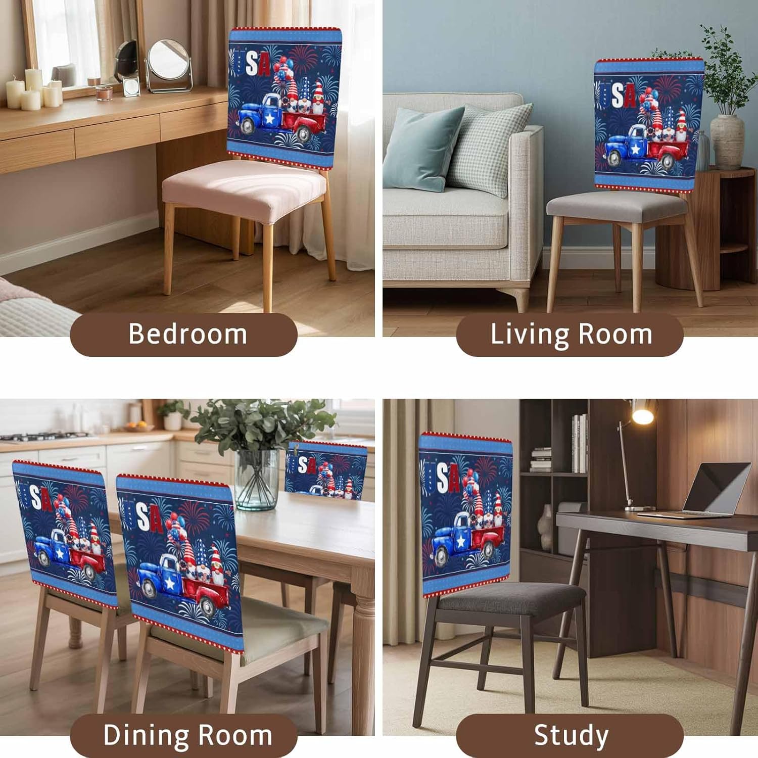 Red Blue 4th of July Chair Back Covers Set of 6, Dining Back Chair Cover Removable Washable Back Slipcovers, Independence Day Stars Gnomes Kitchen Chair Protector for Wedding Party Housewarming