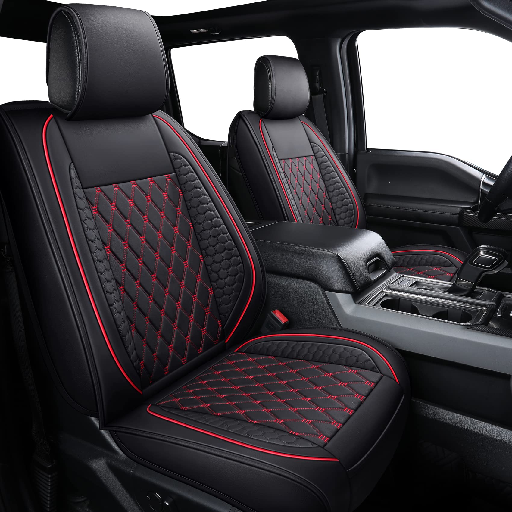 Tomatoman F150 Seat Covers Compatible with 2009-2025 2026 Ford F-150 2017-2026 F250 F350 F450 Truck Pickup SuperCab King Ranch Lariat Limited Crew Cab SVT Leather Car Cushions(Full Set/Black and Red)