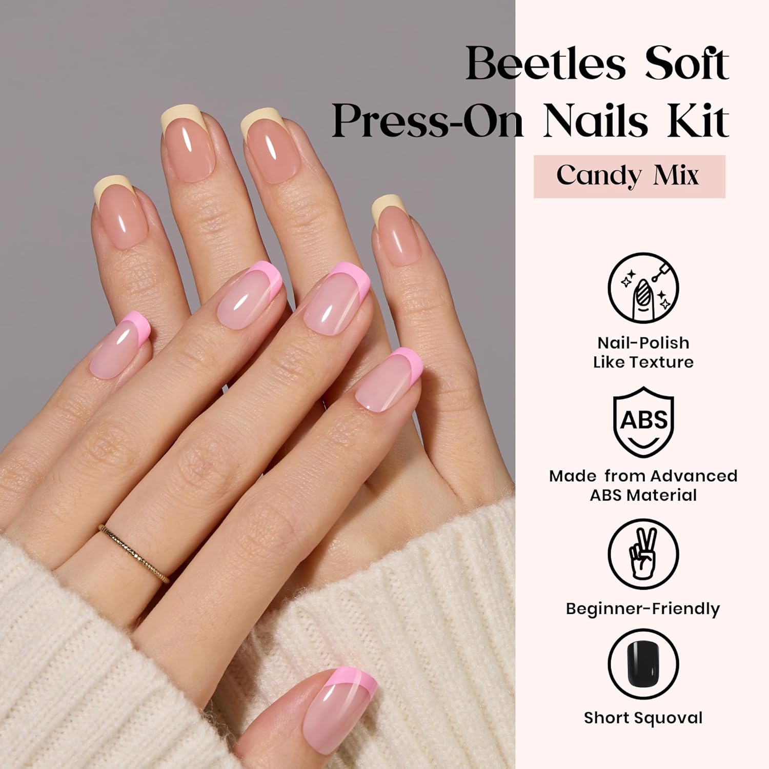 Beetles Press On Nails Kit - Candy Mix | 720Pcs 24 Colors Short Square Press On Nails | 15 Sizes French Glossy Glitter With Nail Glue & Nail Tabs Stickers, Fake Nails Kit Art For Women