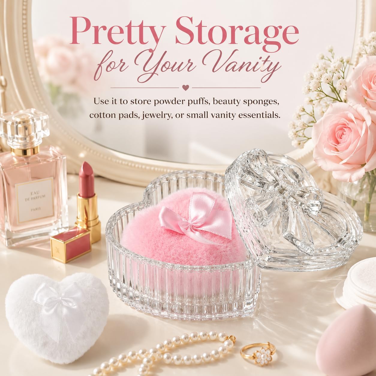Dusting Powder Container with Puff, Heart Glass Powder Puff
