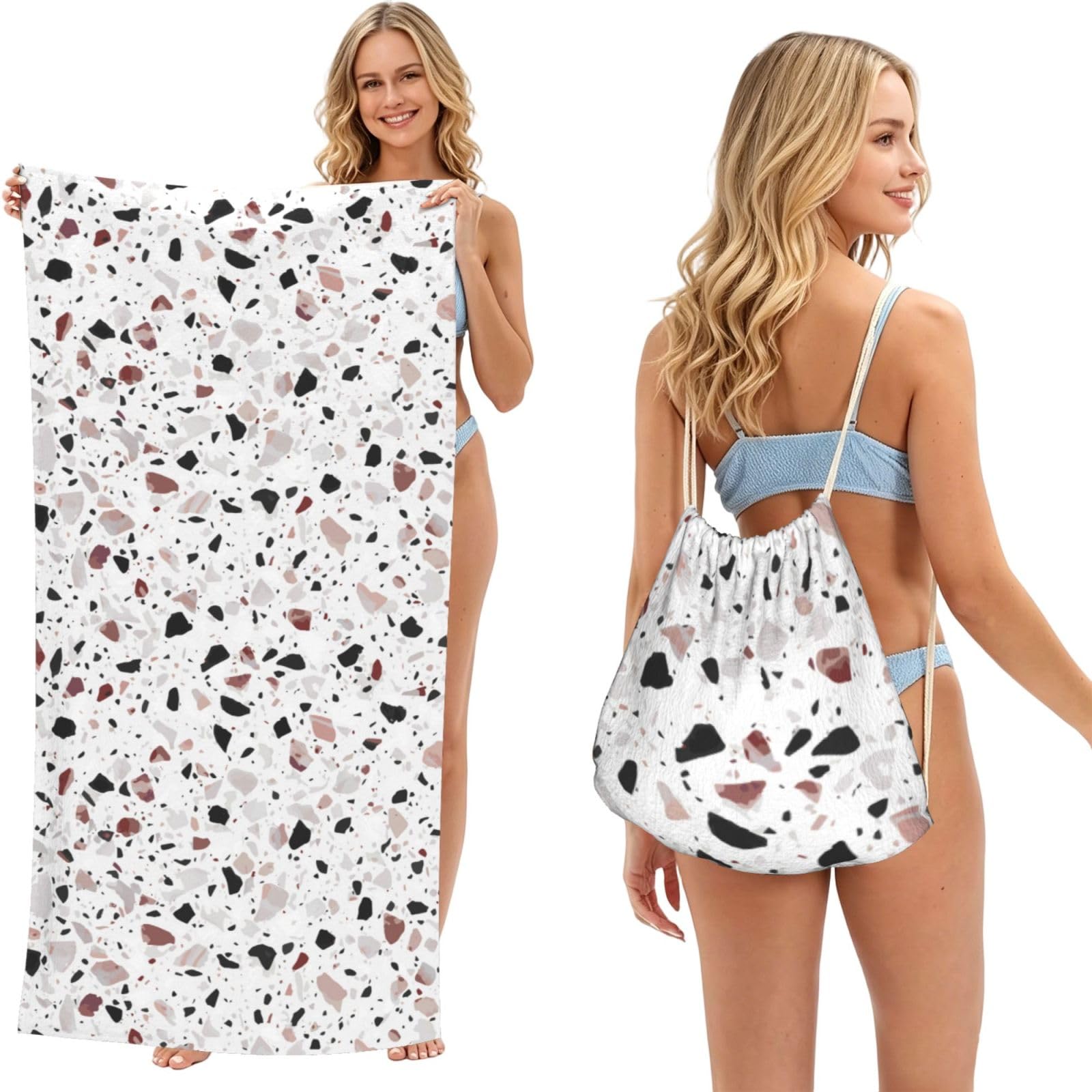 Poadnly As Picture Terrazzo, 2 In 1 Packable Towel Bag, Beach Towels With Drawstring Backpack For Travel Holiday Camping