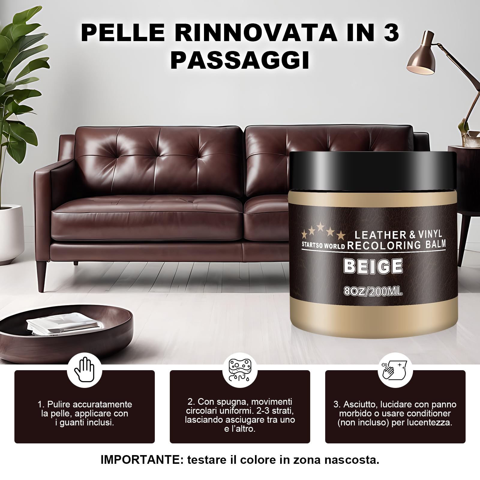 STARTSO WORLD 200ml Kit Riparazione Cuoio, Set Beige per Arredamento, Divani e Sedili Auto - Tintura e Vernice per Riparazione Cuoio Decolorato e Graffiato