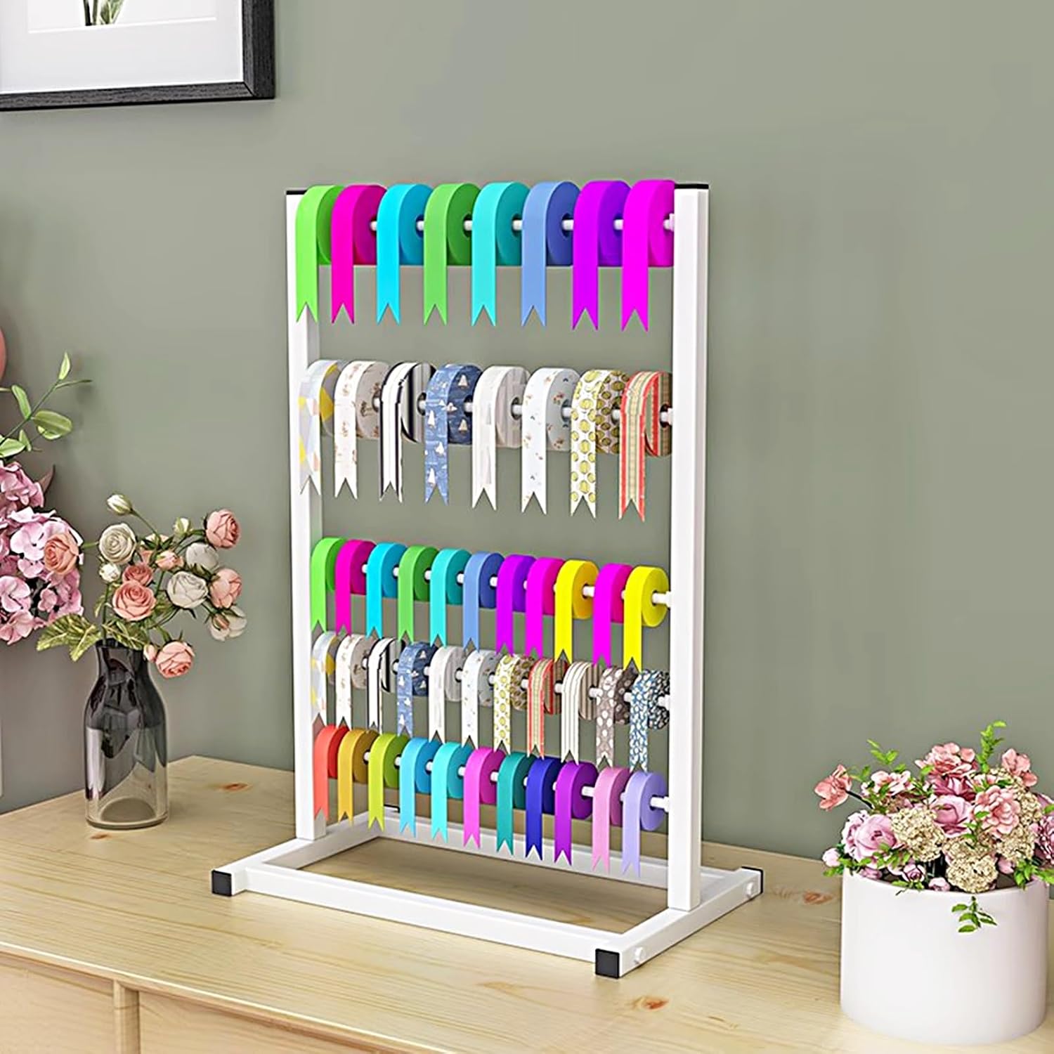 Standing Ribbon Holder - Metal White Wrapping Paper Storage Rack for Craft Room/Gift Shop/Cake Shop, Height 70cm