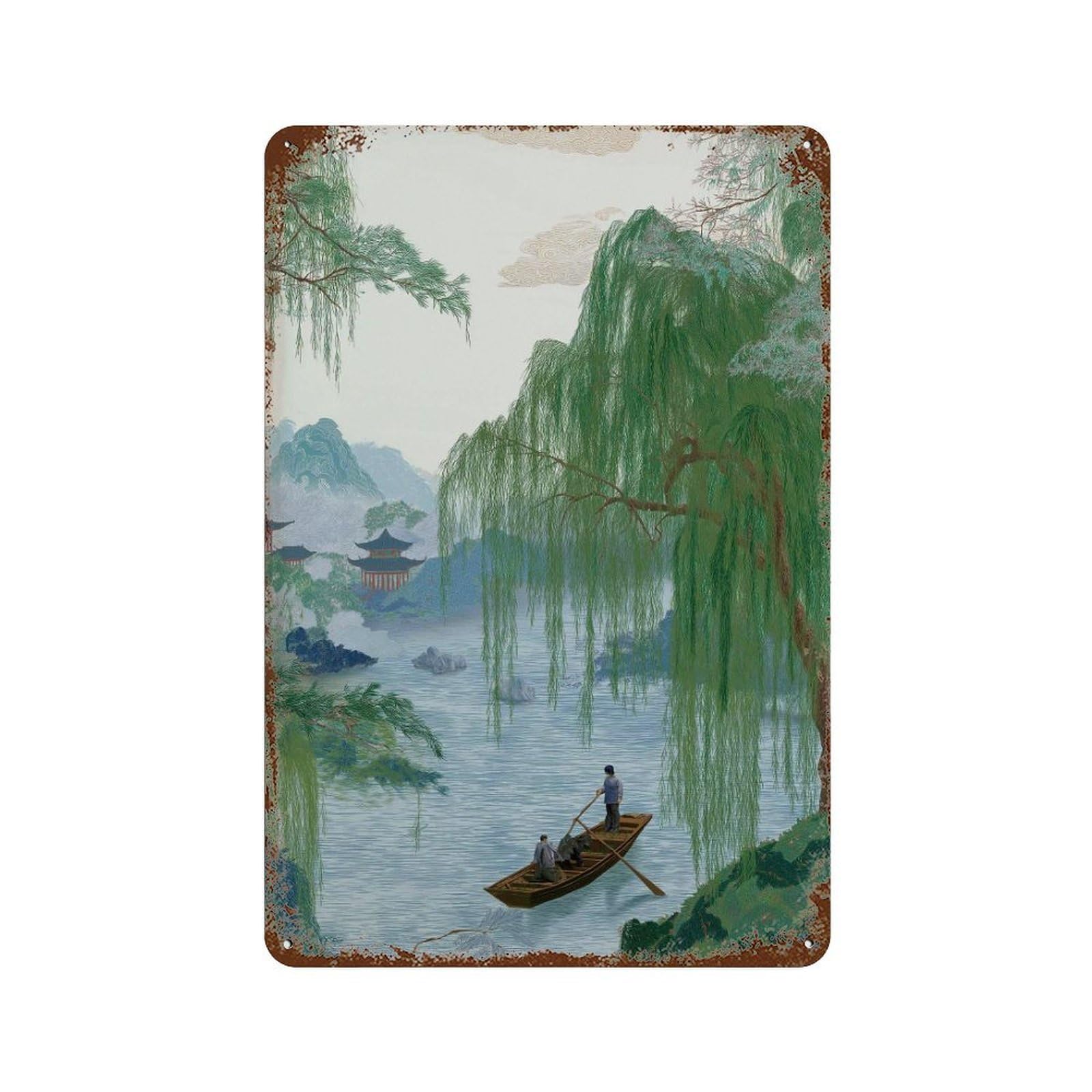 xiaoxiaoshen Chinese Landscape Willow River Boat Oriental Nature Traditional Mountain Scene Z Wall Decor Art Metal Tin Poster Modern Home Decor Art Home Bar Shop Decorations Vintage Sign 30x20cm