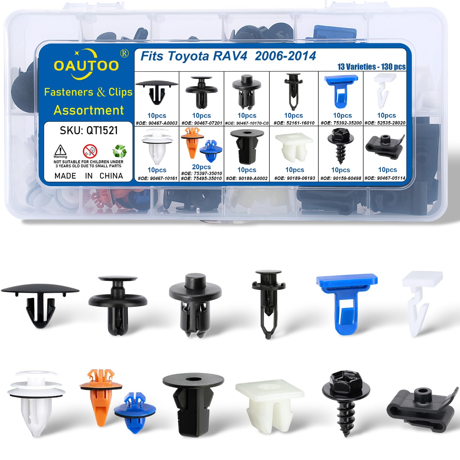 OAUTOO 130pcs fits Toyota RAV4 2006-2014 Body Interior and Exterior Retainer Fastener Clip Assortment Engine Under Cover & Bumper Cover Retainer Fender Flare Molding Clip Screw with Nut Kit