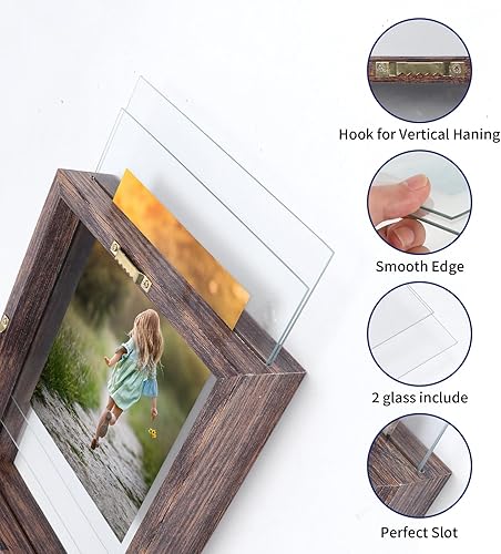Miniatura 3 de WIFTREY Portarretratos flotantes de 5 x 7 pulgadas, 2 unidades, marco de doble vidrio envejecido de 5 x 7 pulgadas para montaje en mesa o pared,