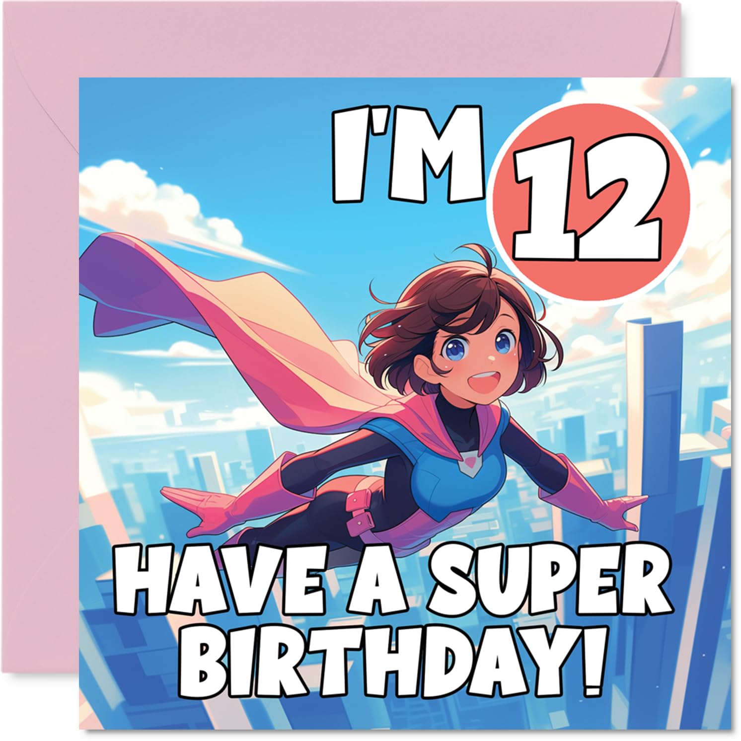 12th Birthday Cards for Girls - Anime Superhero - Happy Birthday Card for 12 Year Old Girl Daughter Niece Cousin Sister, 145mm Bday Greeting Cards