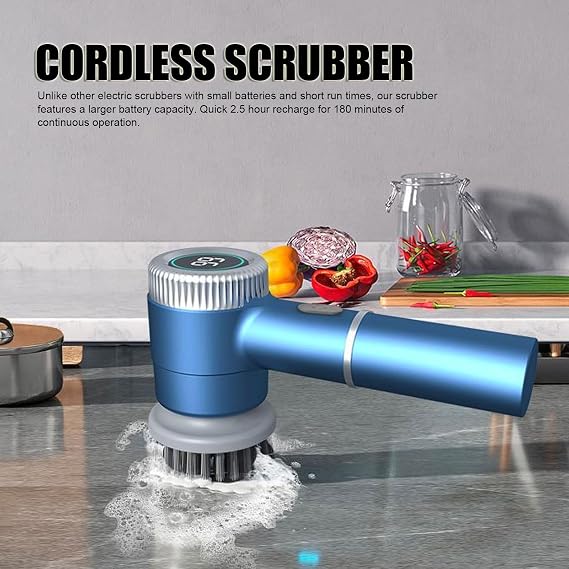 Electric Spin Scrubber, 3 Speed IPX7 Water Proof Handheld Cordless Power Cleaning Brush with 5 Replaceable Heads 180min Runtime Rechargeable Shower Scrubber for Bathroom Tub Tile