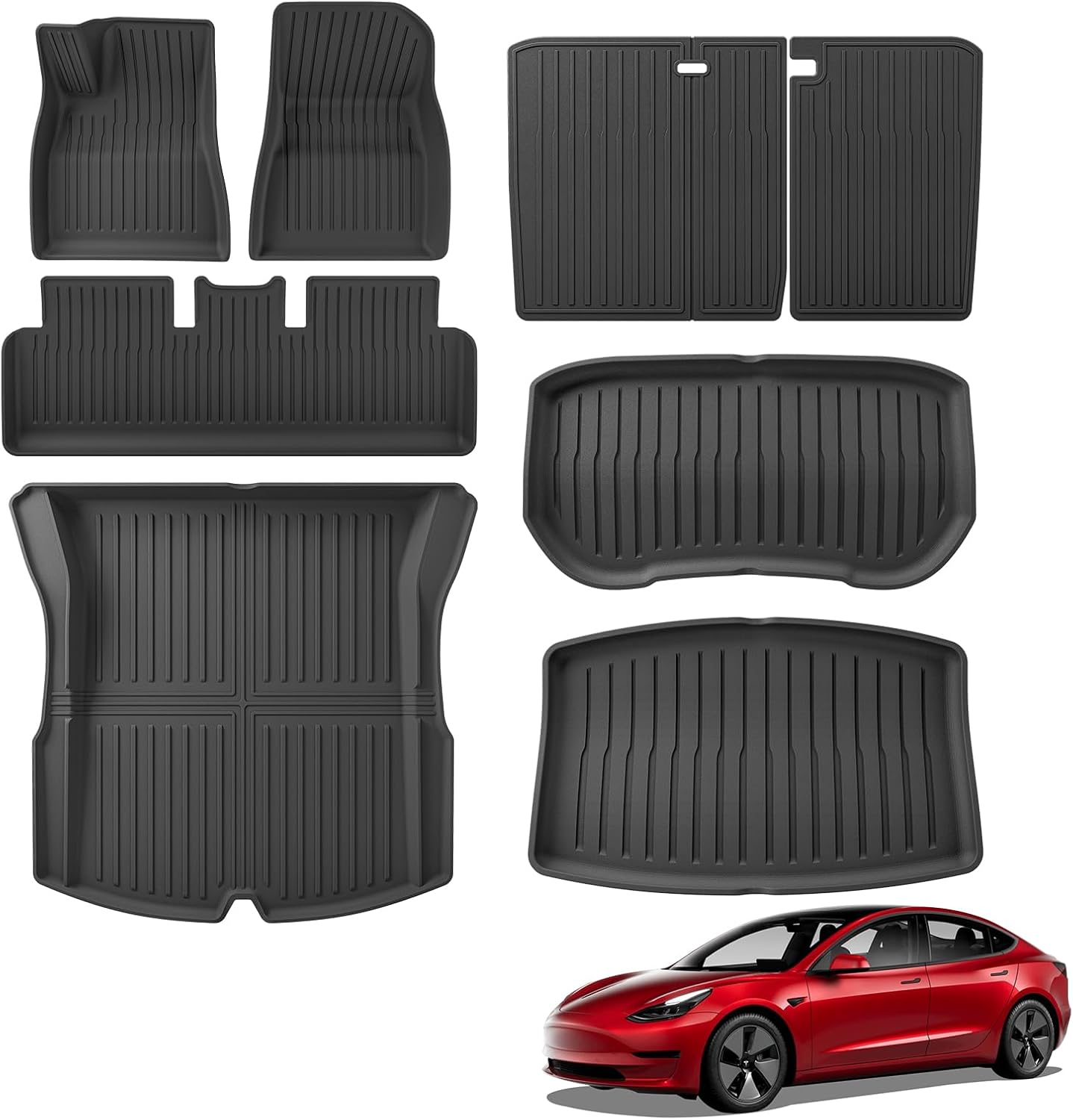 7PCS Floor Mats for Tesla Model 3 Highland 2024 2025 2026 All Weather TPE Front Rear Trunk Cargo Liner Frunk Mat Storage Mat Heavy Duty Accessories Black