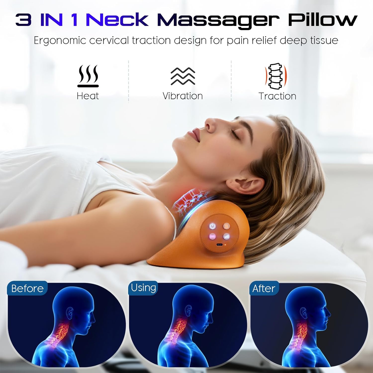 JDZ Neck Massager with Heat, 3-in-1 Electric Cervical Massager for Pain Relief with Hot Compress, Ergonomic Neck and Shoulder Relaxer Stretcher - ldeal Gift for Office Athletes Everyone etc. Brown