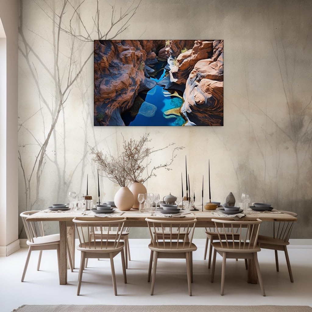Canvas for Living room. Sapphire Ribbons Through Red Stone Giants: Nature's Masterpiece Unveiled, 27 x 18 inch Canvas Wall Art - Modern Home Decor