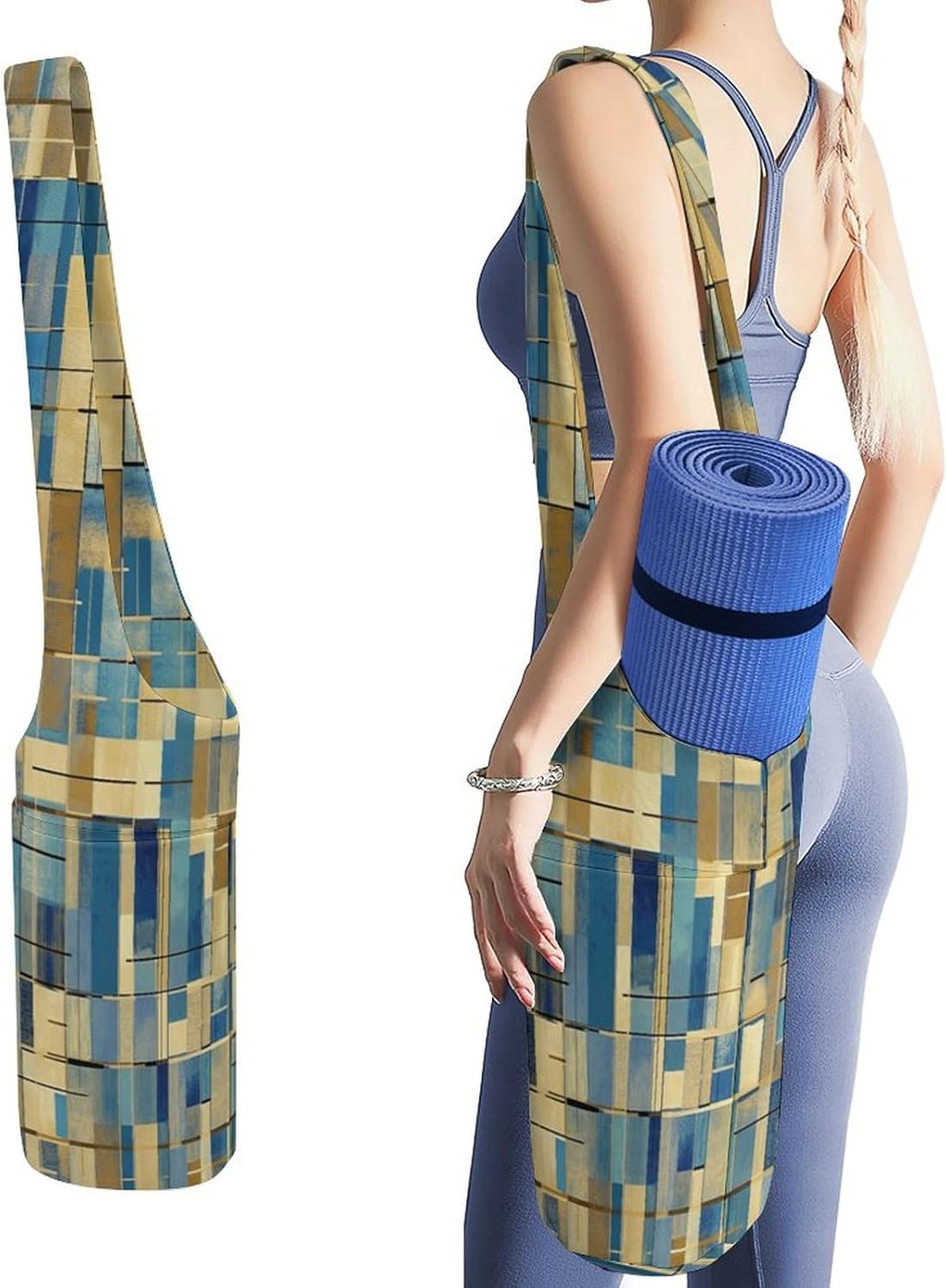 Yoga Mat Bags for Women Blue And Beige Squares Yoga Mat Storage Bag Exercise Yoga Mat Carrier Bag for Most Yoga Mats to Gym Class Beach Park Travel