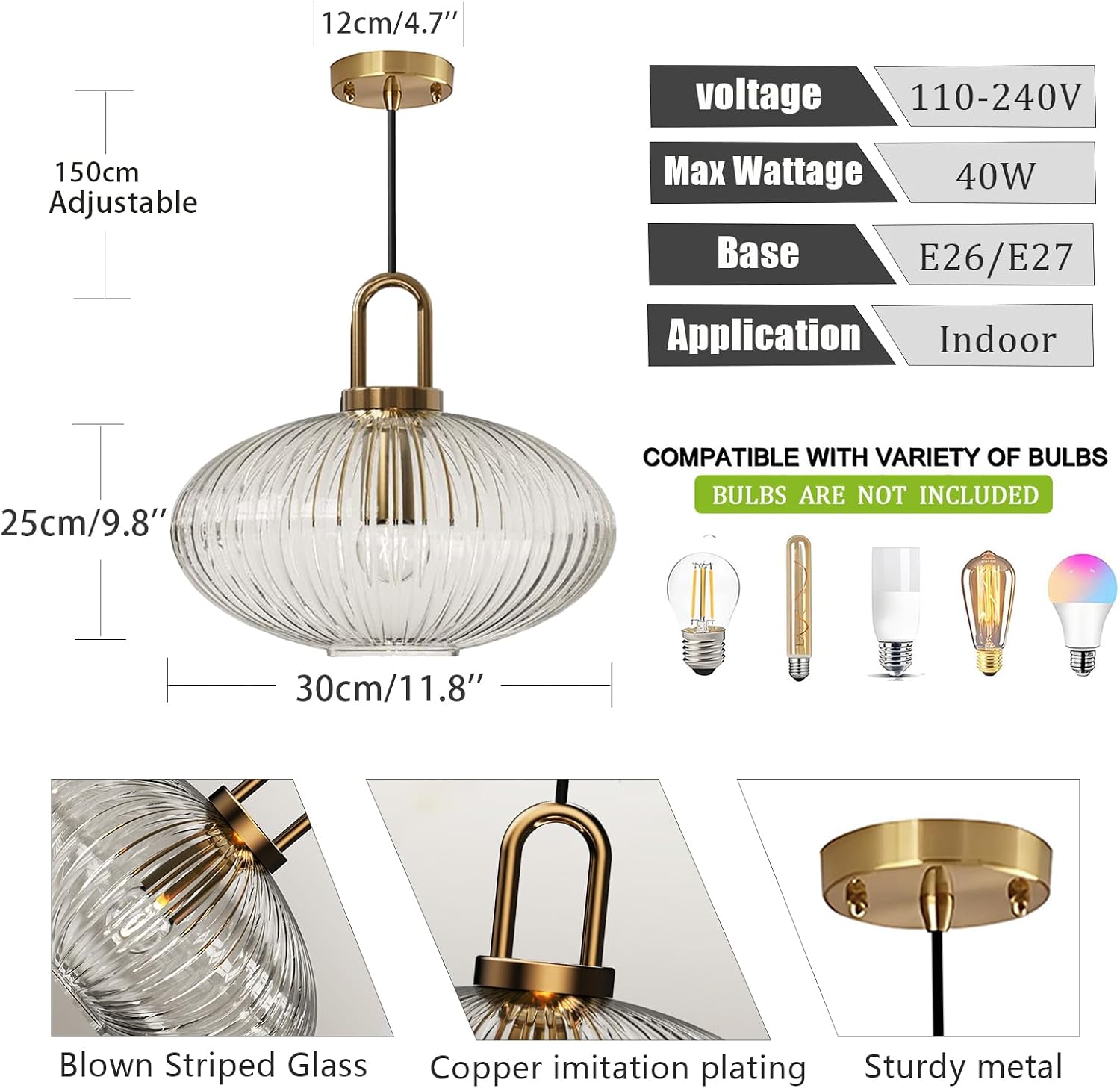Brikey Clear Glass Pendant Light with Brass Gold Base, Clear Ceiling Light Hanging Lamp for Bedside Dining Table Kitchen Island (11.8 inch, Clear)