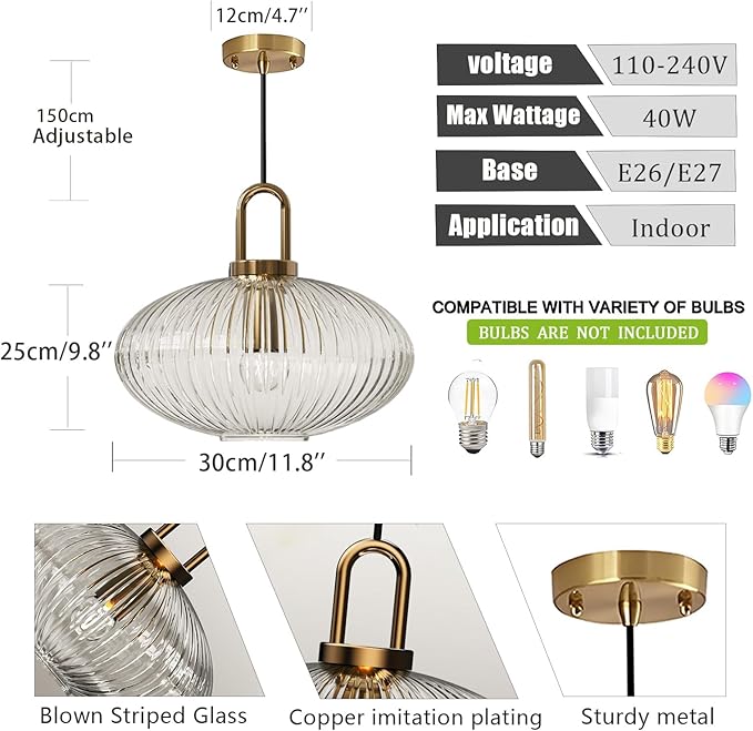 XIRYTU-H Helder Glas Hanglamp Messing Gouden Voet Keukeneiland Plafondlamp Hangende Lamp(30cm) photo 2