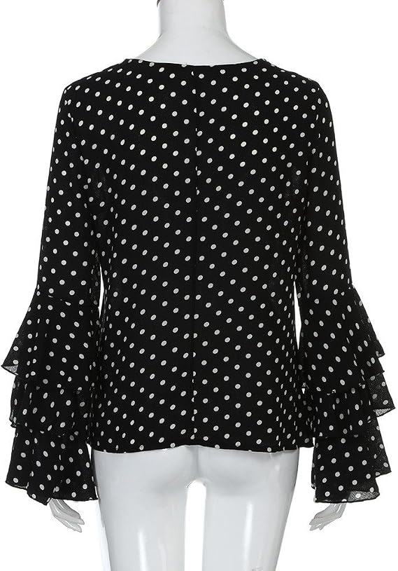 Women's Tops Long Bell Sleeve Blouse V Neck Casual Polka Dot Printed Loose Shirts Ladies Plus Size Tees Sweatsuit Black, XL