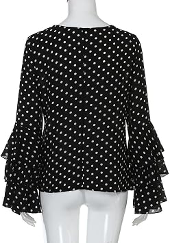 Women's Tops Long Bell Sleeve Blouse V Neck Casual Polka Dot Printed Loose Shirts Ladies Plus Size Tees Sweatsuit Black, XL