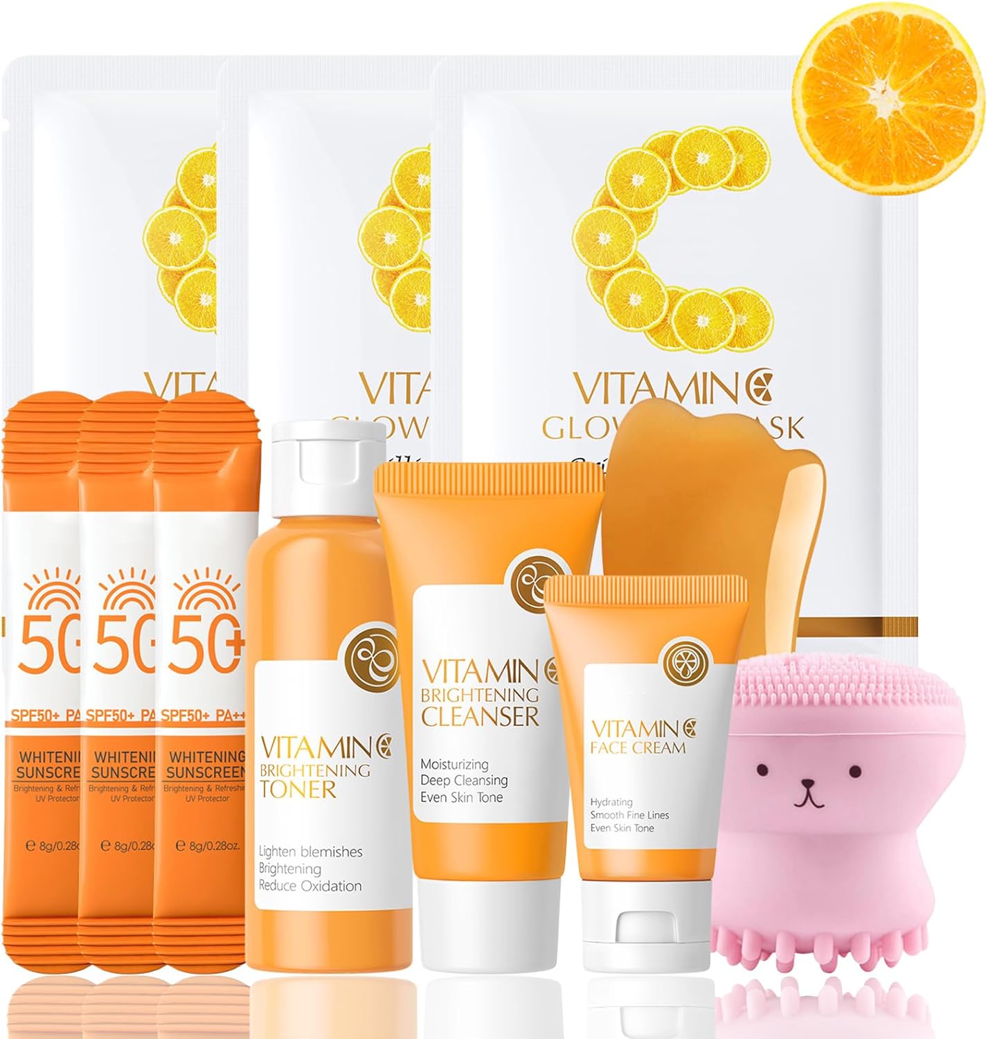 11PCS Vitamin C Skin Care Sets & Kits, Skin Care For Teenage Girls, Facial Kit, Pamper Gifts For Women, Skincare Set, Sun Cream, Mask, Cleanser, Toner, Face Cream, Scraping Plate, Pink Octopus Brush