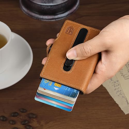 Miniatura 2 de Leaov Cartera delgada de cuero con ventana de identificación, tarjetas emergentes, protección RFID, cartera minimalista para hombres con bolsillo