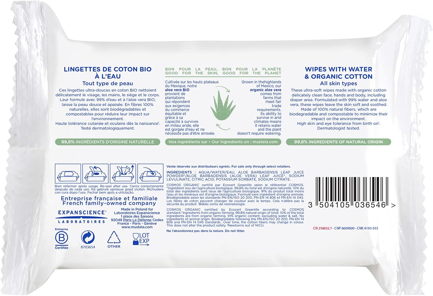 MustelaOrganic Cotton Water Wipes 60 WipesCOSMOS Organic by EcocertCOSMOS Organic by EcocertEWG VerifiedCOSMOS Organic by Ecocert