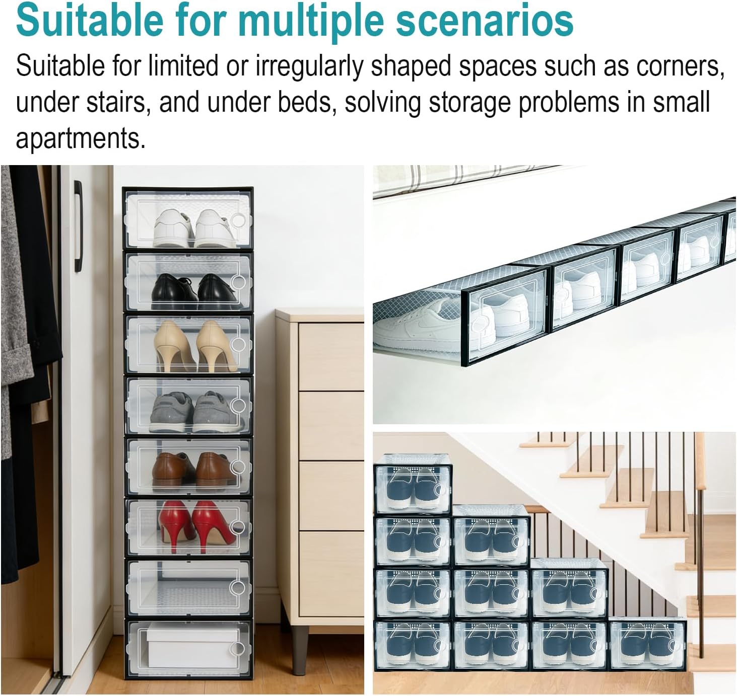12 Pack Shoe Storage Boxes, Clear Plastic Stackable Shoe Organizer for Closet, Foldable Shoe Rack with Lids for Entryway, Closet, Under Bed, Black (13.2 x 9.8 x 6.7inches)