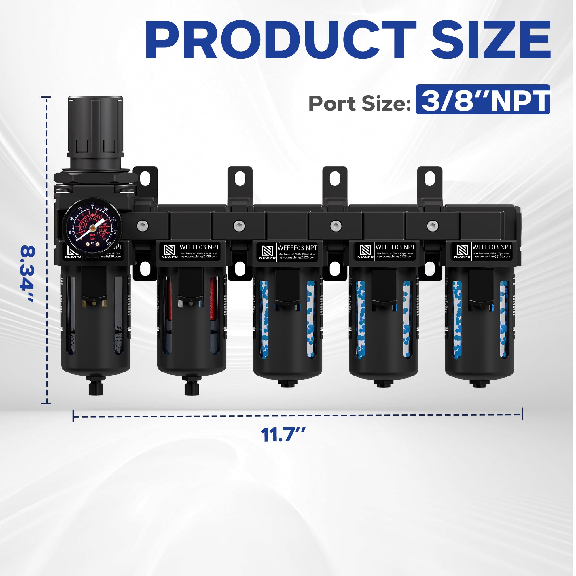 NEWPO Sécheur d'air NPT à 5 étapes de 0,95 cm pour compresseur, régulateur de pression d'air avec cartouche filtrante de 5 et 0,01 microns, triple sécheur déshydratant et système de séchage à l'air