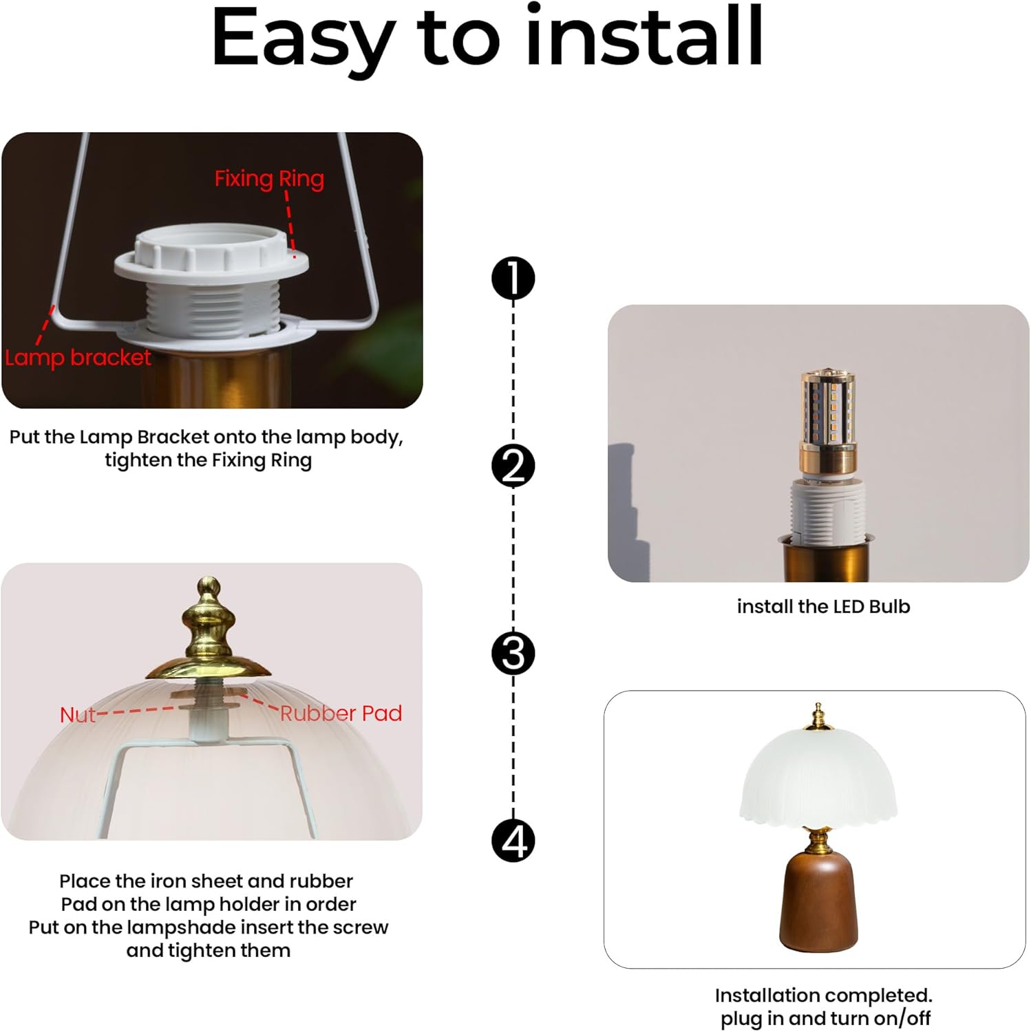 Mushroom Solid Wood Table Lamp, Vintage Scalloped Glass Shade, Mid-Century Modern Decor, 3Color Dimmable Bedside Lamp for Bedroom, Living Room & Library, Aesthetic Home Gift, LED Bulb Included