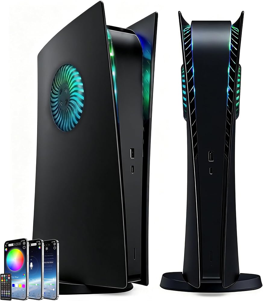 arVin Faceplate for PS5 Digital Edition with Vent & RGB Light Strip Accessories, ABS Hard Anti-Scratch Dustproof Protective Skin Face Plate Cover Plates for PlayStation 5 Digital 2020, Black — 사진 1
