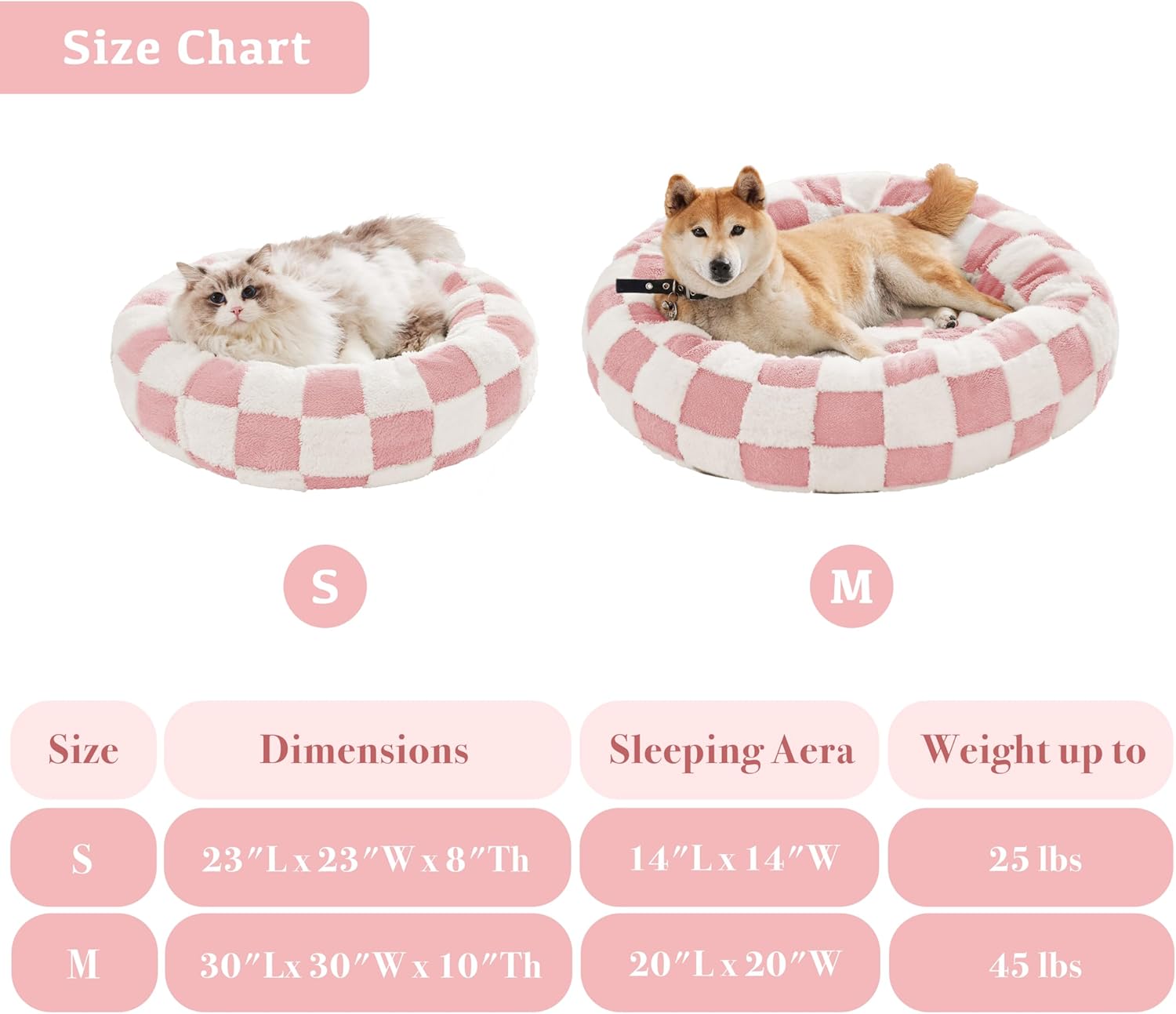 Ohocut Checkered Cat Dog Bed, Cute Girly Pink Retro Style Aesthetic Round Warming Pet Calming Beds for Small Dog and Cats, Plush Cozy Donut Beds Washable, 23" L x 23" W x 8" Th